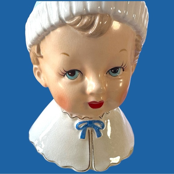 Vintage Ceramic Head Vase Smiling Baby Boy w/ Dimples and Blue Hat - Picture 1 of 8